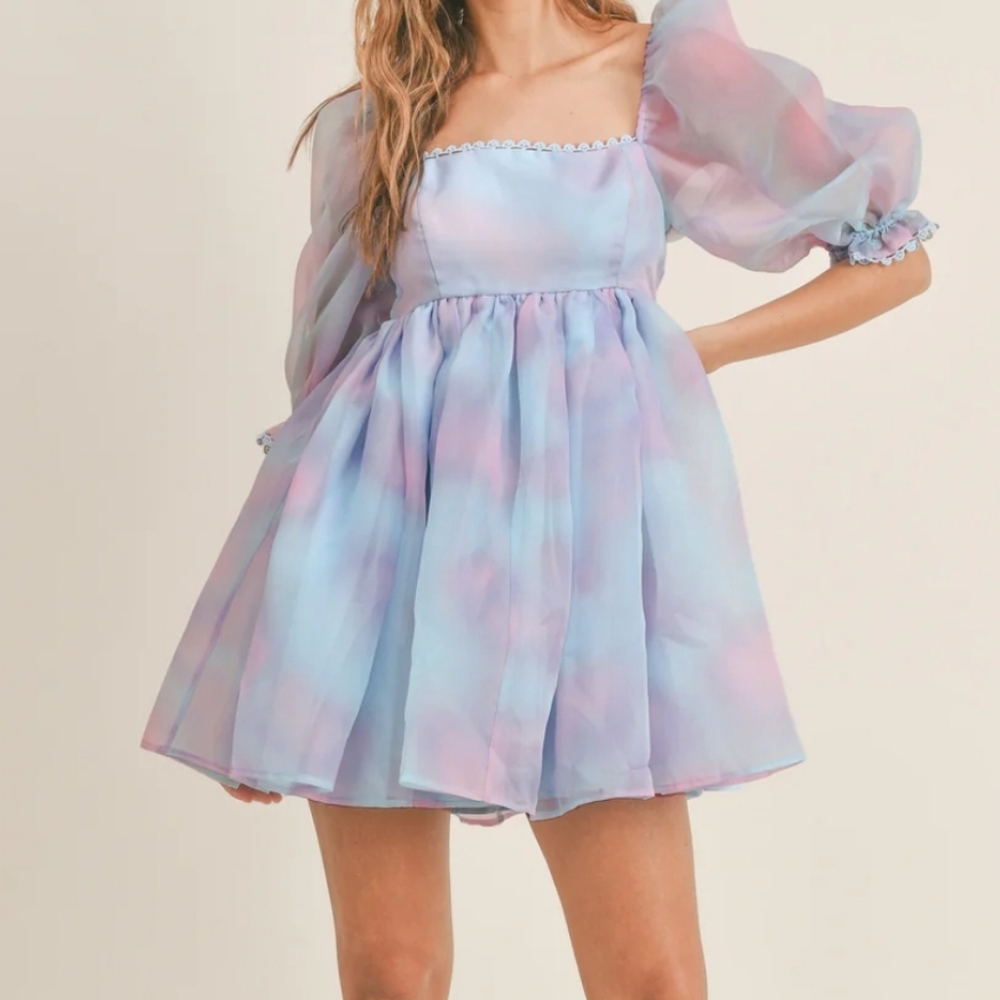 MABLE Puff Mini Dress Blue Pink Medium